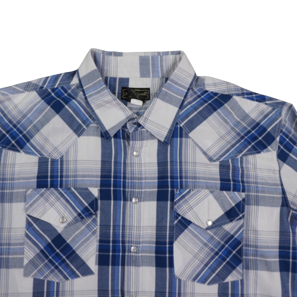 High Noon Shirt Mens 2XL Blue White‎ Plaid Western Pearl Snap Barrel Cuff Rodeo